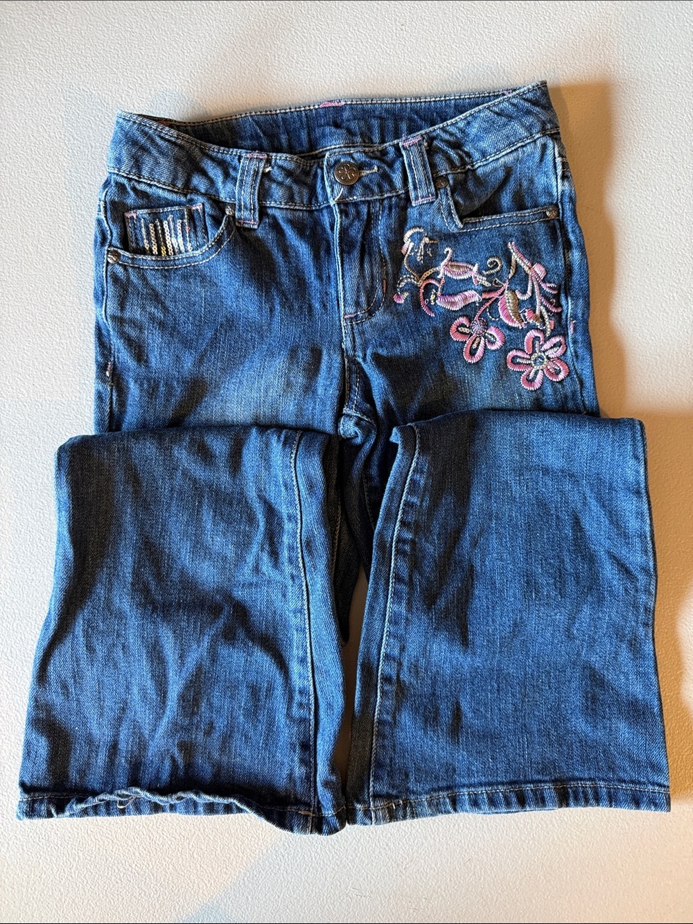 Faded Glory Dark Embroidered Floral Bell bottom Jeans with sequins Size 4
